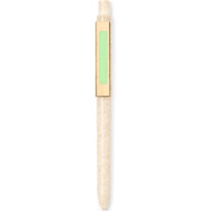 A pen featuring a cream-coloured body with a green accent and a wooden clip, including a logo.