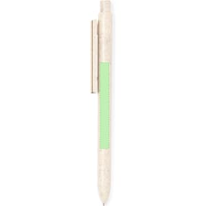 A pen in a light tan colour with a green accent, featuring a clip and a branding logo.