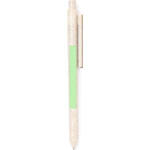 A pen in a cream colour with a green accent and gold clip, featuring a logo.