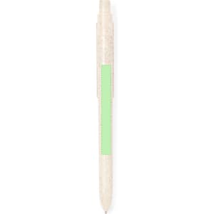 A eco-friendly pen in beige with a green accent panel and a clip, featuring a logo on its side.