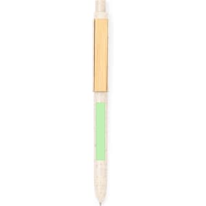 A green and natural-coloured pen with a wooden clip and a logo on its body.