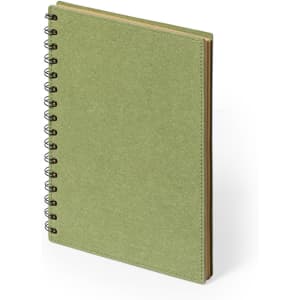 A green spiral-bound notebook with a textured cover and blank pages. It features flexible binding and a simple design.