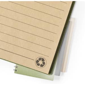 A notebook featuring a recycled paper cover with lined pages, displayed in various pastel colours.