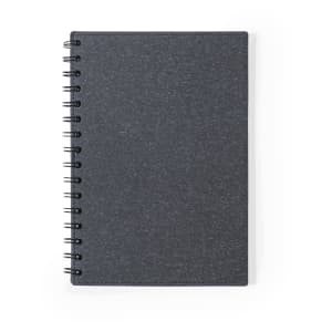 A dark grey spiral-bound notebook with a textured cover. It features a simple and clean design.