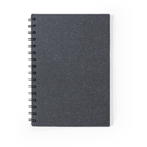 A spiral-bound notebook with a plain black cover. It features a branding logo on the front.
