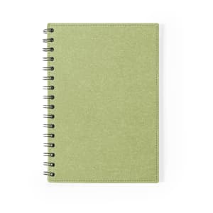 A spiral-bound notebook in a soft green shade with a textured cover and a visible logo.