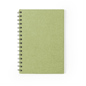 A green spiral-bound notebook with a textured cover and silver wire binding. It features a simple design and a logo.
