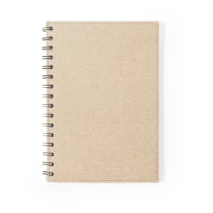 A tan notebook with a spiral binding and a textured cover. It includes a logo on the front.
