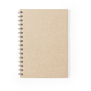 A beige notebook with a spiral binding and a textured cover, featuring a branding logo.