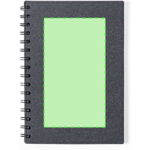 A grey spiral-bound notebook featuring a green blank cover area and a wire binding.