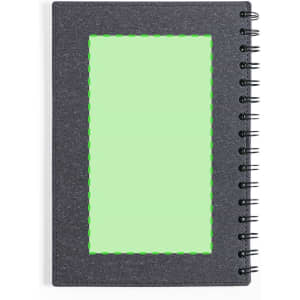 A spiral-bound notebook with a dark grey cover and a blank green section on the front. It features a logo.
