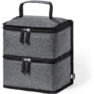 A grey cooler bag with a double compartment design and zippers, featuring a sturdy handle on top.