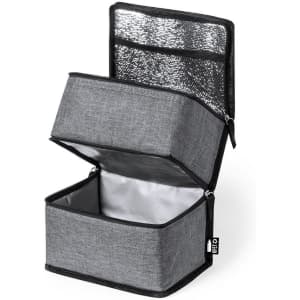 A grey cooler bag with a silver insulated interior and an open zipper, showcasing two compartments. It has a logo.