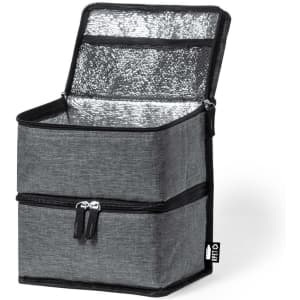 A grey cooler bag with a zip closure and a reflective interior, featuring a logo on the side.