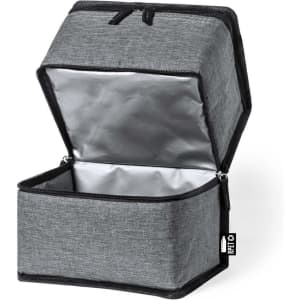 A grey cooler bag with a zippered opening, featuring a silver insulated interior and a logo.
