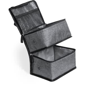 A grey cooler bag with a zippered top, featuring two compartments and a mesh pocket. It has branding on the side.