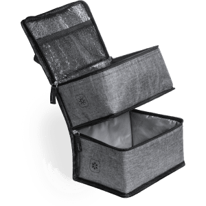 A grey cooler bag with a zippered top compartment and a spacious main section, featuring a mesh pocket on the lid.