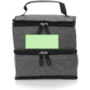 A grey cooler bag with black accents, featuring dual zippers and a handle on top. It includes a logo on the front.