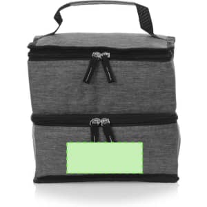 A grey cooler bag with two zipped compartments and a top handle, featuring a logo on the front.