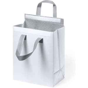 A white cooler bag with grey handles and an insulated interior, featuring a simple design.