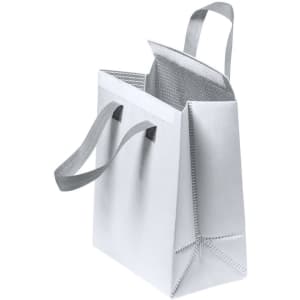 A white cooler bag with grey handles featuring a thermal lining. The bag has a structured design and a logo.
