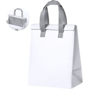 A white cooler bag with grey straps and a simple design, featuring a logo on one side.