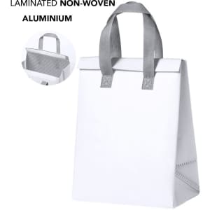 A white cooler bag with grey handles made from laminated non-woven aluminium, featuring a logo on the side.