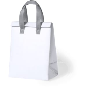 A cooler bag in white with grey handles, featuring a simple and functional design. It has a branding logo.