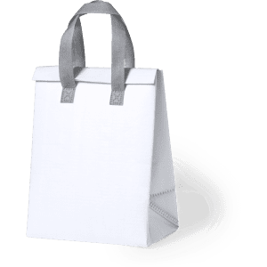 A white cooler bag with grey handles, featuring a simple design and branded logo.