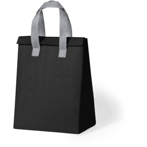 A black cooler bag with grey handles, featuring a simple design and a flat top closure.