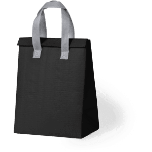 A black cooler bag with grey handles, featuring a structured design and a logo.