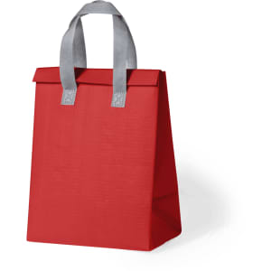 A red cooler bag with grey handles, featuring a simple, structured design. It has a branding logo.