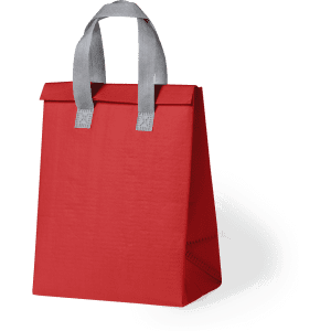 A red cooler bag with grey handles, featuring a structured design and no visible branding.