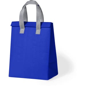 A blue cooler bag with grey handles, featuring a simple design and a triangular shape. It also has a logo.