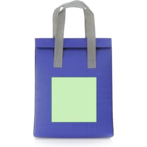 A blue cooler bag with grey handles and a blank square area on the front, featuring a logo.