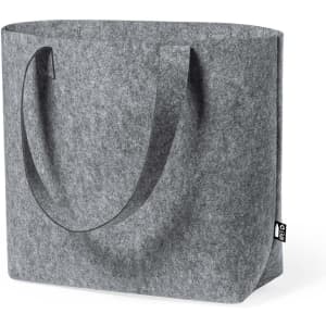 A grey felt tote bag with sturdy handles and a logo on the side.