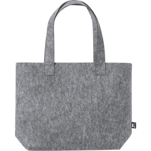 A grey felt tote bag with two handles and a small logo label on the side.