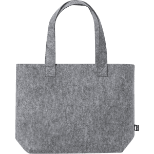 A grey tote bag with two handles and a simple design, featuring a logo tag on the side.