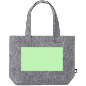 A grey tote bag with two handles and a blank green area for personalisation. The bag features a logo.
