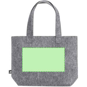A grey tote bag with two handles and a blank area for custom branding. It has a simple, rectangular shape.