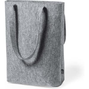 A grey tote bag with two shoulder straps and a branding logo on the side.