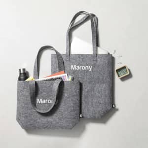 A set of grey tote bags, one larger and one smaller, each with a logo and filled with assorted items including a drink bottle.