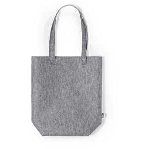 A grey tote bag with two handles and a square base, featuring a logo.
