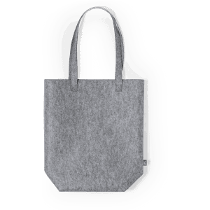 A grey tote bag with sturdy handles and a simple, minimalist design. Features a logo on the side.