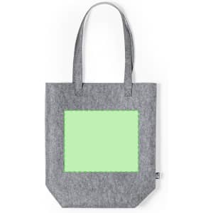 A grey tote bag with a large green rectangular area and two handles. It features a logo.