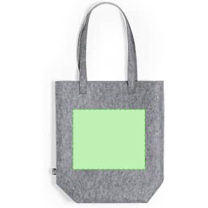 A grey tote bag with two handles and a blank green patch on the front. It features a logo.