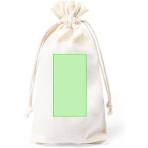 A drawstring bag in cream colour, featuring a blank green rectangle on the front. It has a logo on the side.