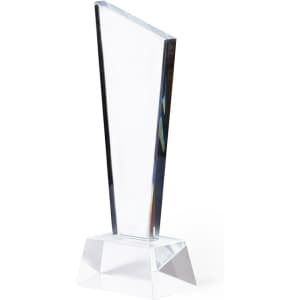 A clear crystal trophy with a sleek, modern design and a triangular shape set on a rectangular base.