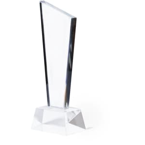 A clear crystal trophy with a sleek, angular design on a triangular base.