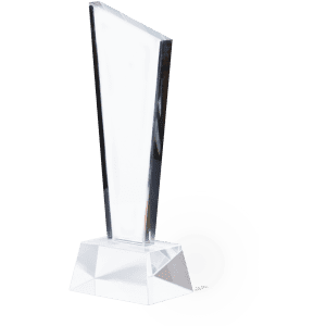 A clear glass trophy with a triangular design and a solid crystal base.